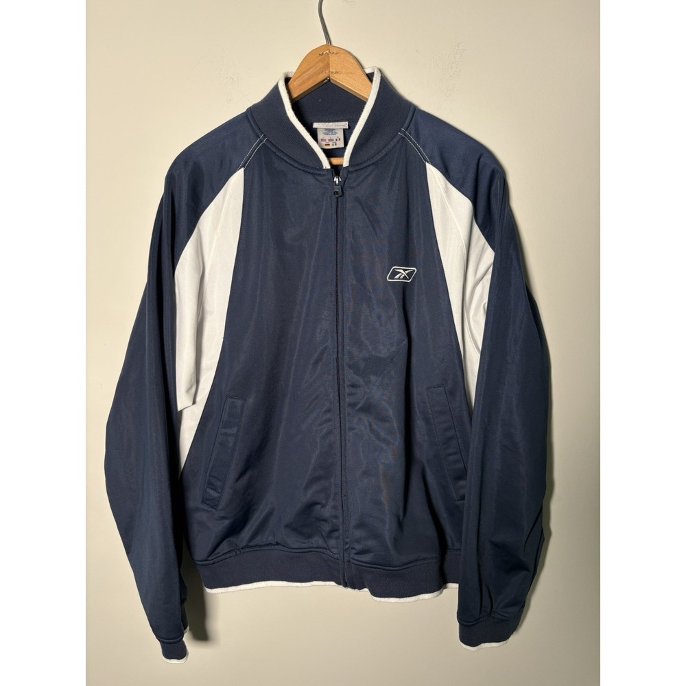 Vintage Y2K Reebok Track Jacket Mens Large L Navy Blue White Full Zip Sportswear